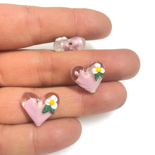 Murano Cam Çiçekli Kalp Pembe (Dik Delikli)