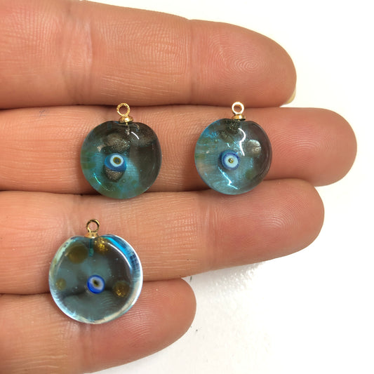 Murano Cam Simli Yuvarlak Nazar Kolye- Şeffaf Mavi