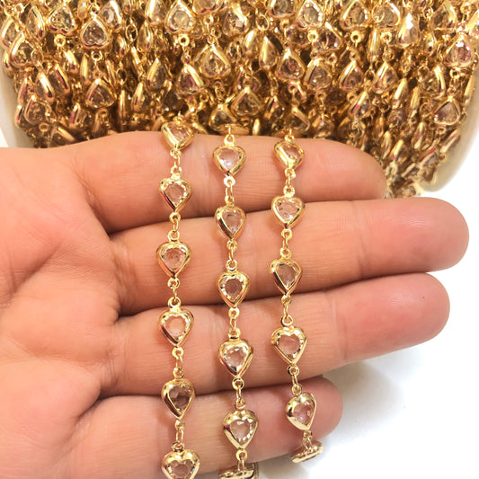 Altın Kaplama Kalp Taşlı Zincir Dik Delikli - Şeffaf