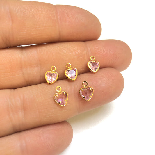 Altın Kaplama 6mm Zirkon Taşlı Kalp Sallantı -Şeffaf Pembe