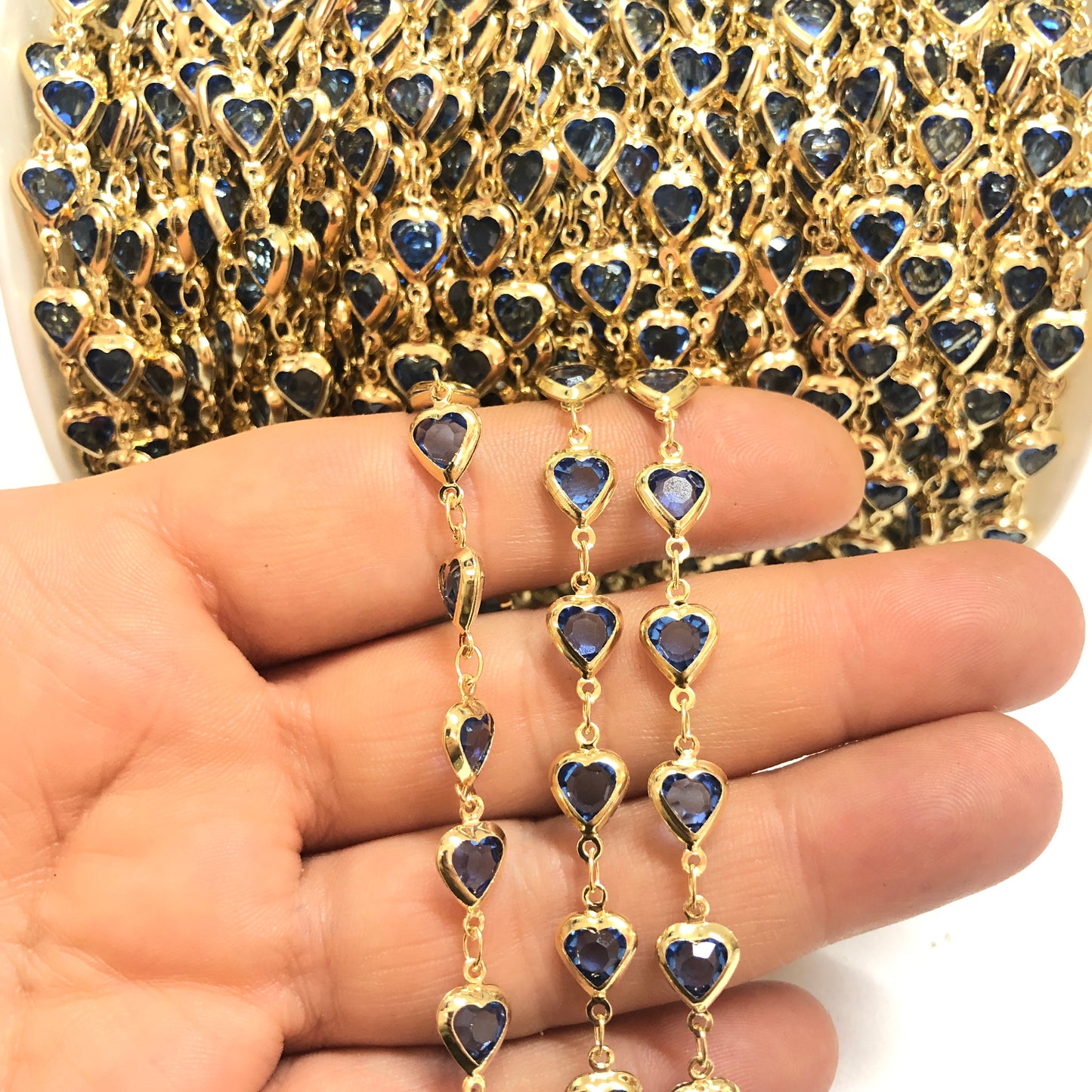 Altın Kaplama Kalp Taşlı Zincir Dik Delikli - Lacivert