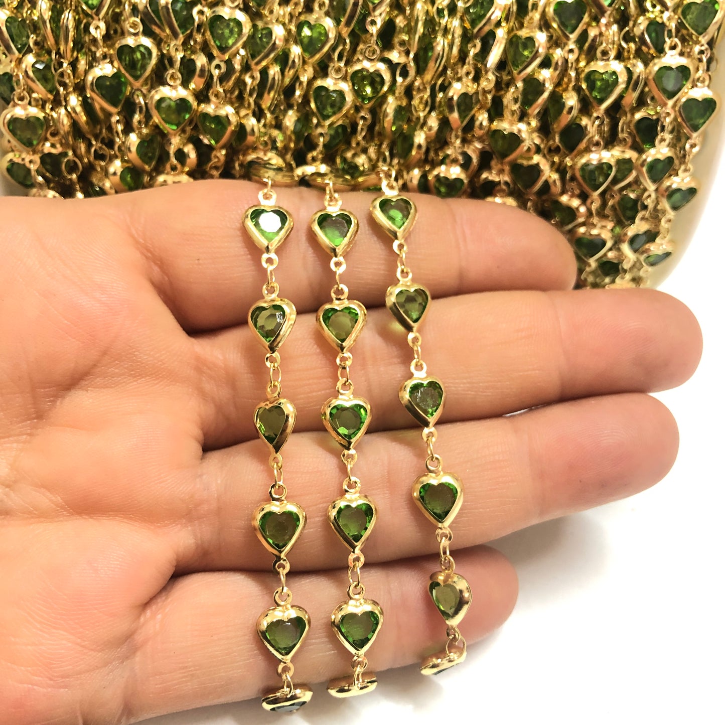 Altın Kaplama Kalp Taşlı Zincir Dik Delikli - Yeşil