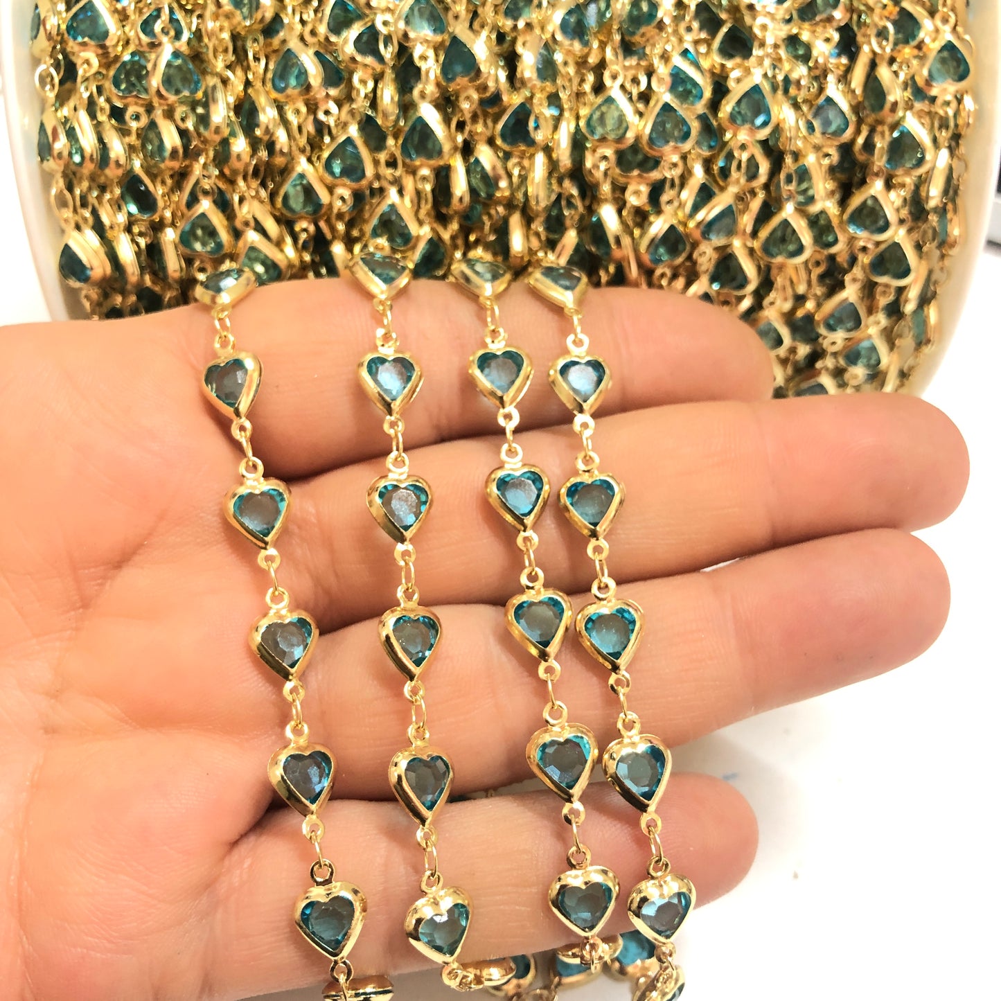 Altın Kaplama Kalp Taşlı Zincir Dik Delikli - Mavi