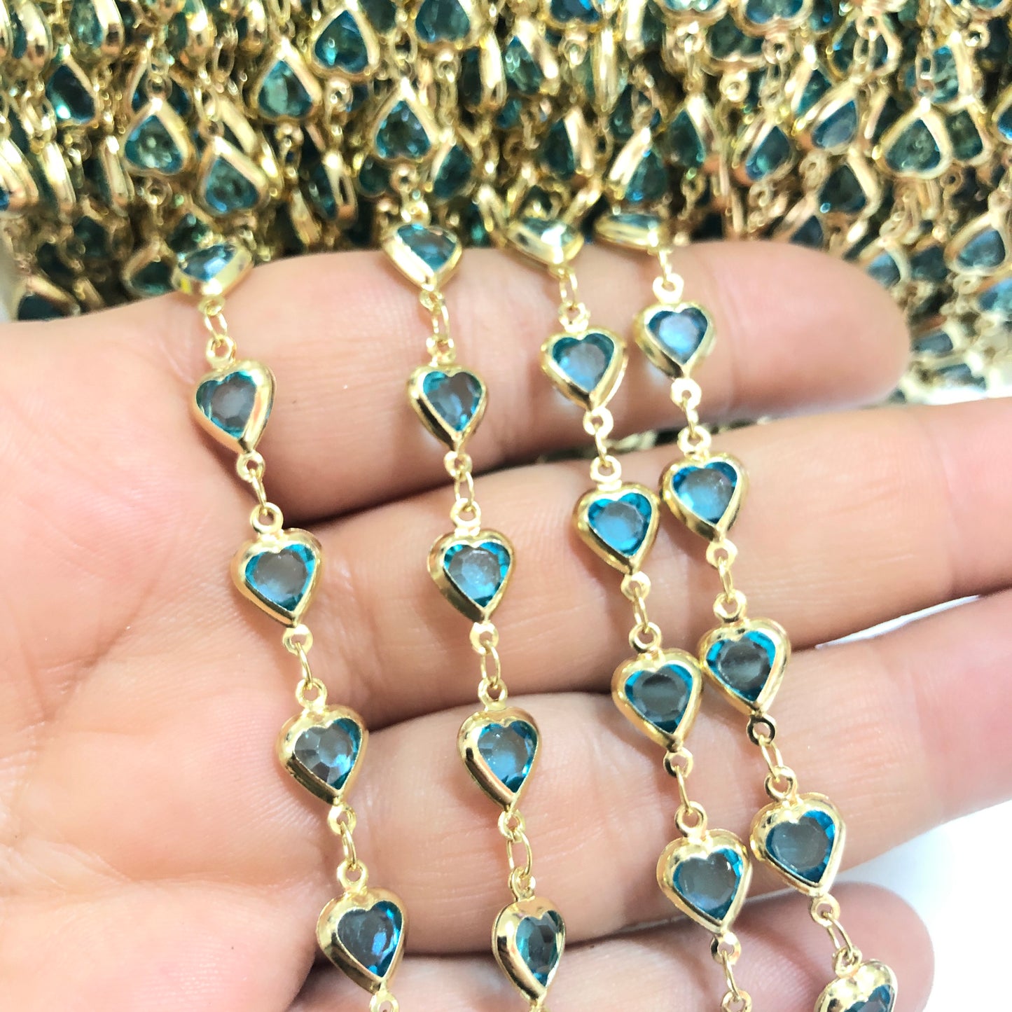 Altın Kaplama Kalp Taşlı Zincir Dik Delikli - Mavi