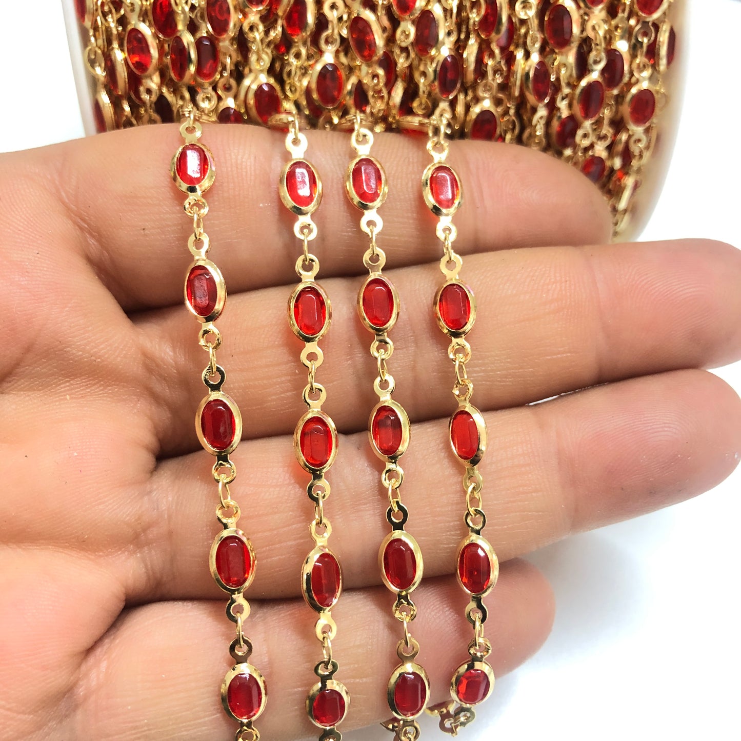 Altın Kaplama Oval Taşlı Zincir  - Kırmızı