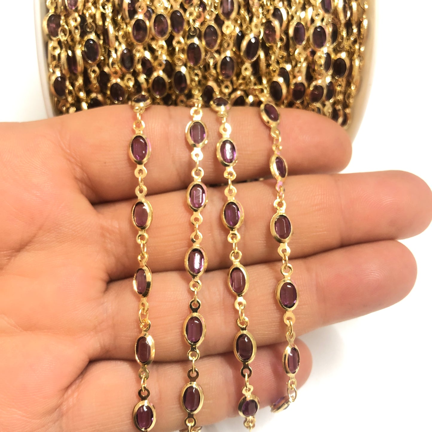 Altın Kaplama Oval Taşlı Zincir  - Mürdüm