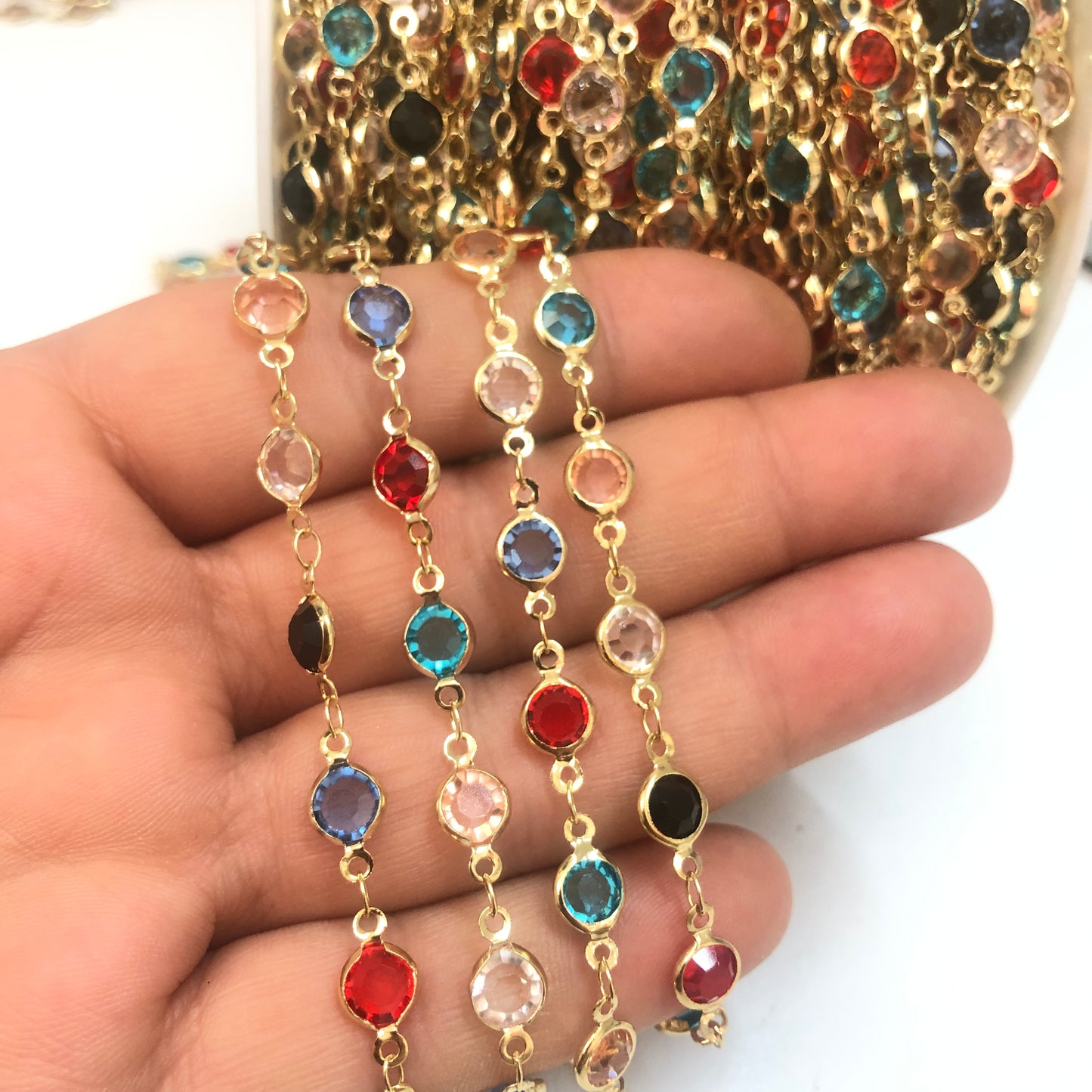 Altın Kaplama Yuvarlak Taşlı Zincir  - Mix