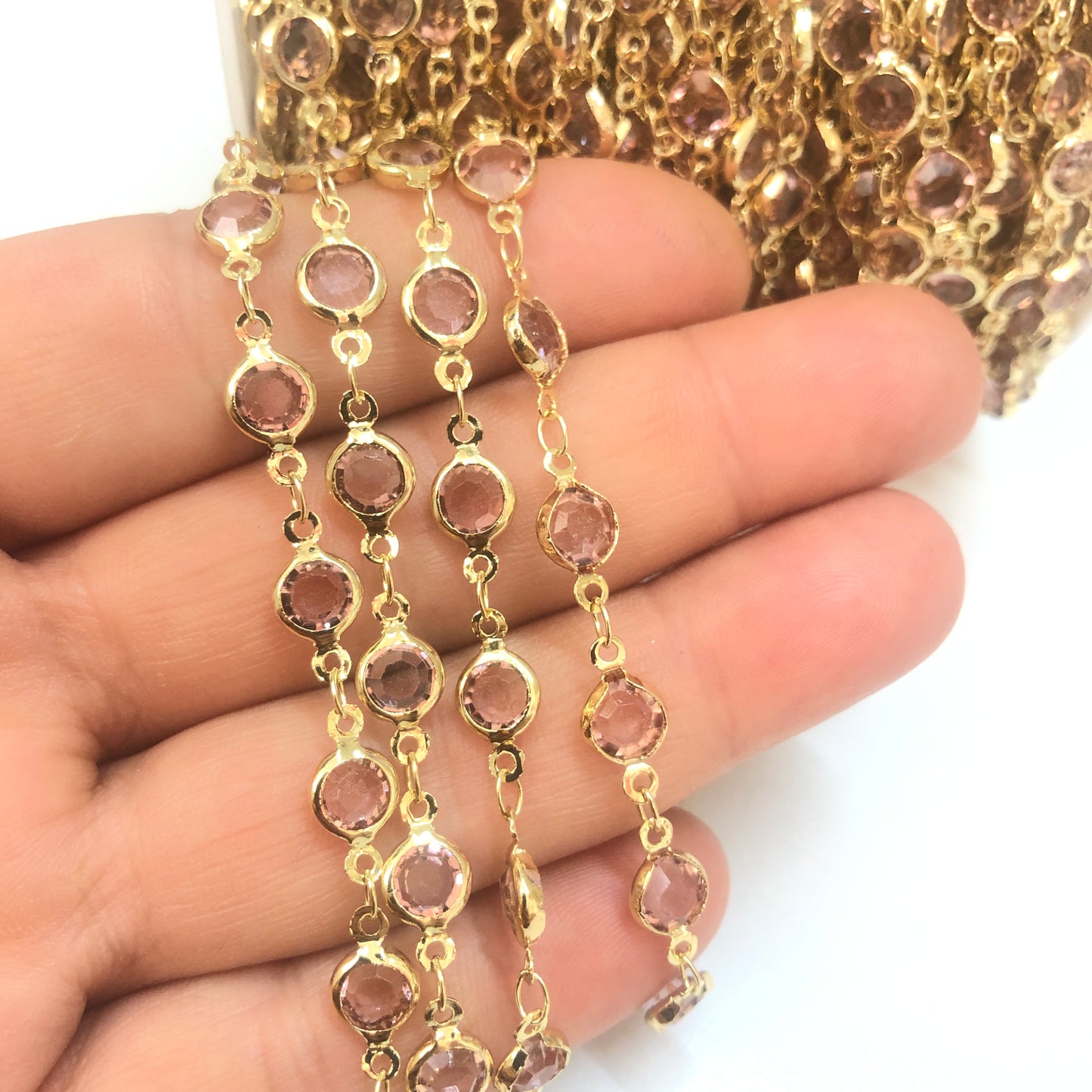Altın Kaplama Yuvarlak Taşlı Zincir  - Pembe