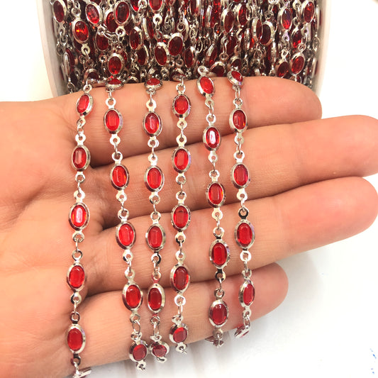 Rodyum Kaplama Oval Taşlı Zincir  -Kırmızı