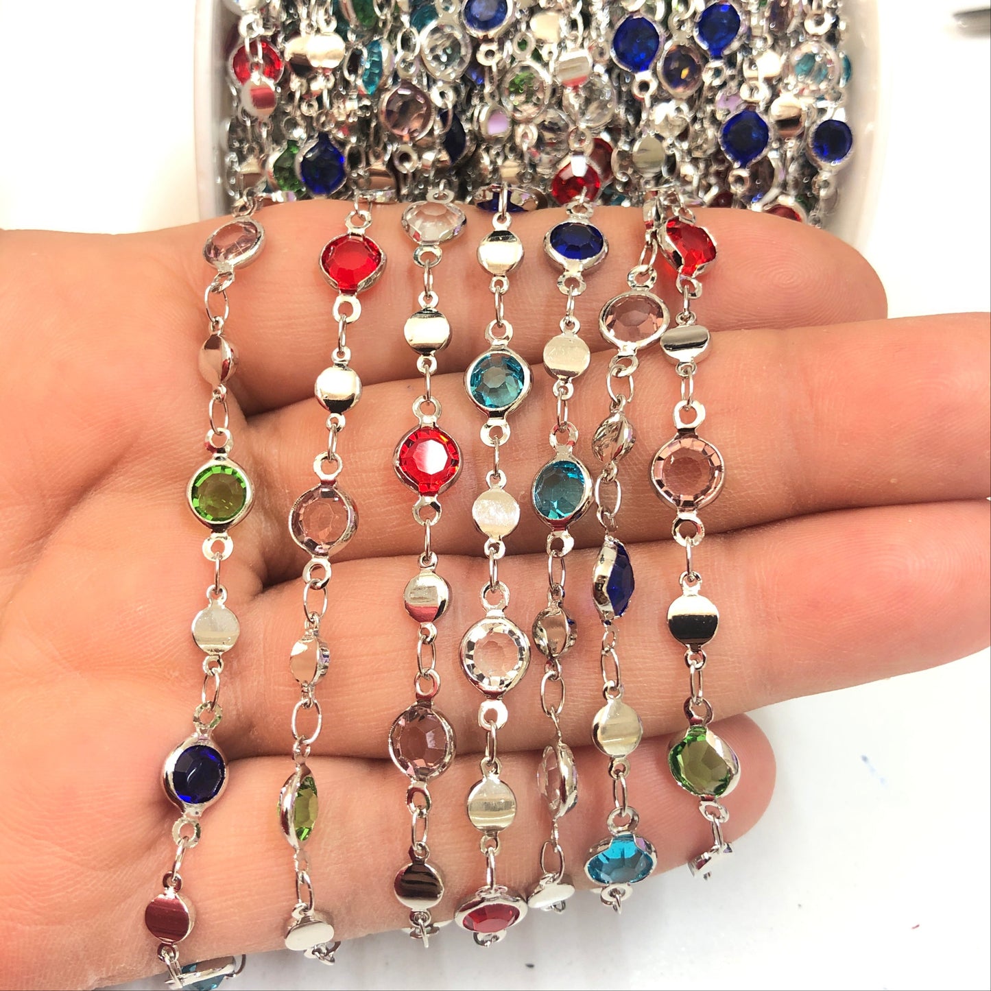 Rodyum Kaplama Yuvarlak Taşlı Zincir  - Mix