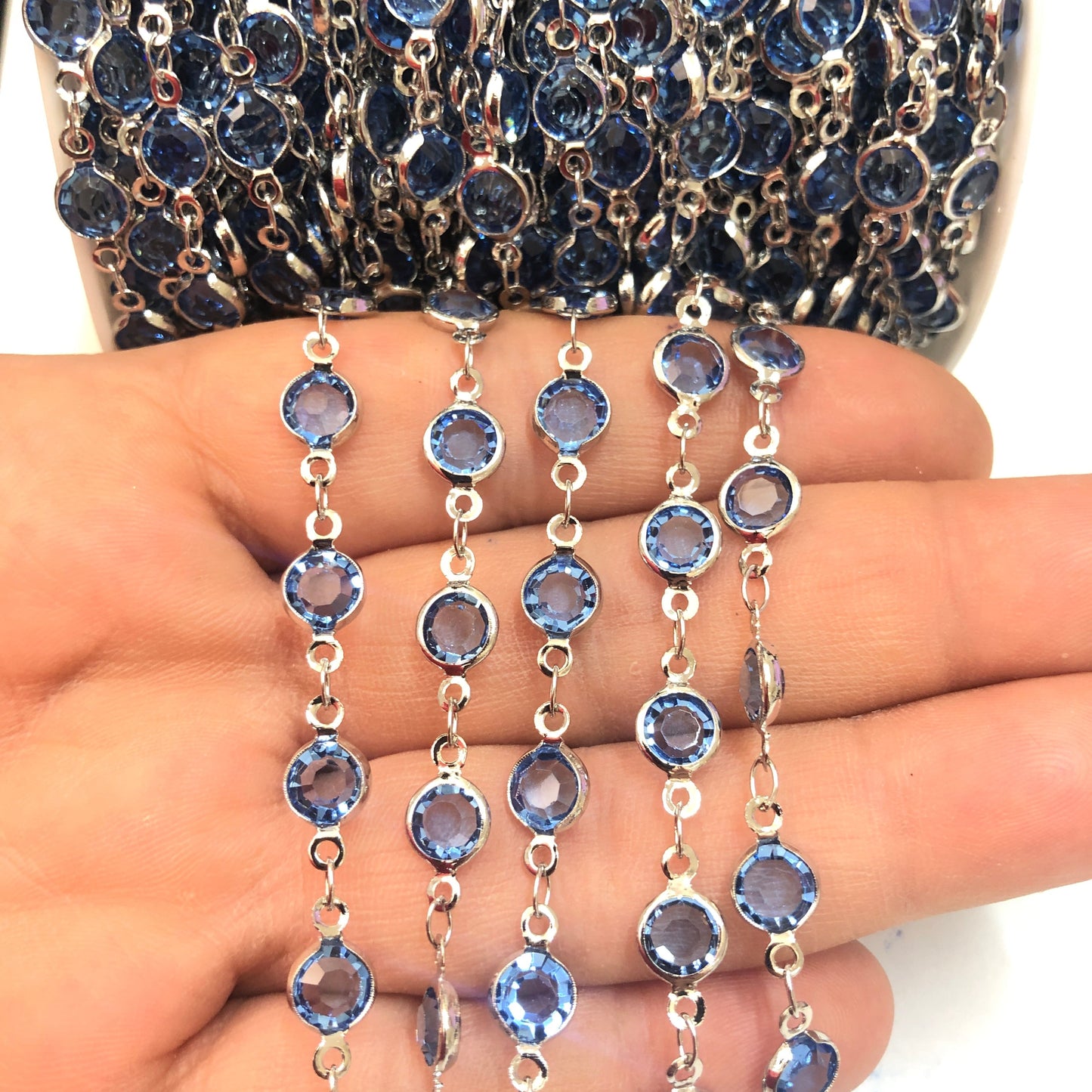 Rodyum Kaplama Yuvarlak Taşlı Zincir  -Mavi