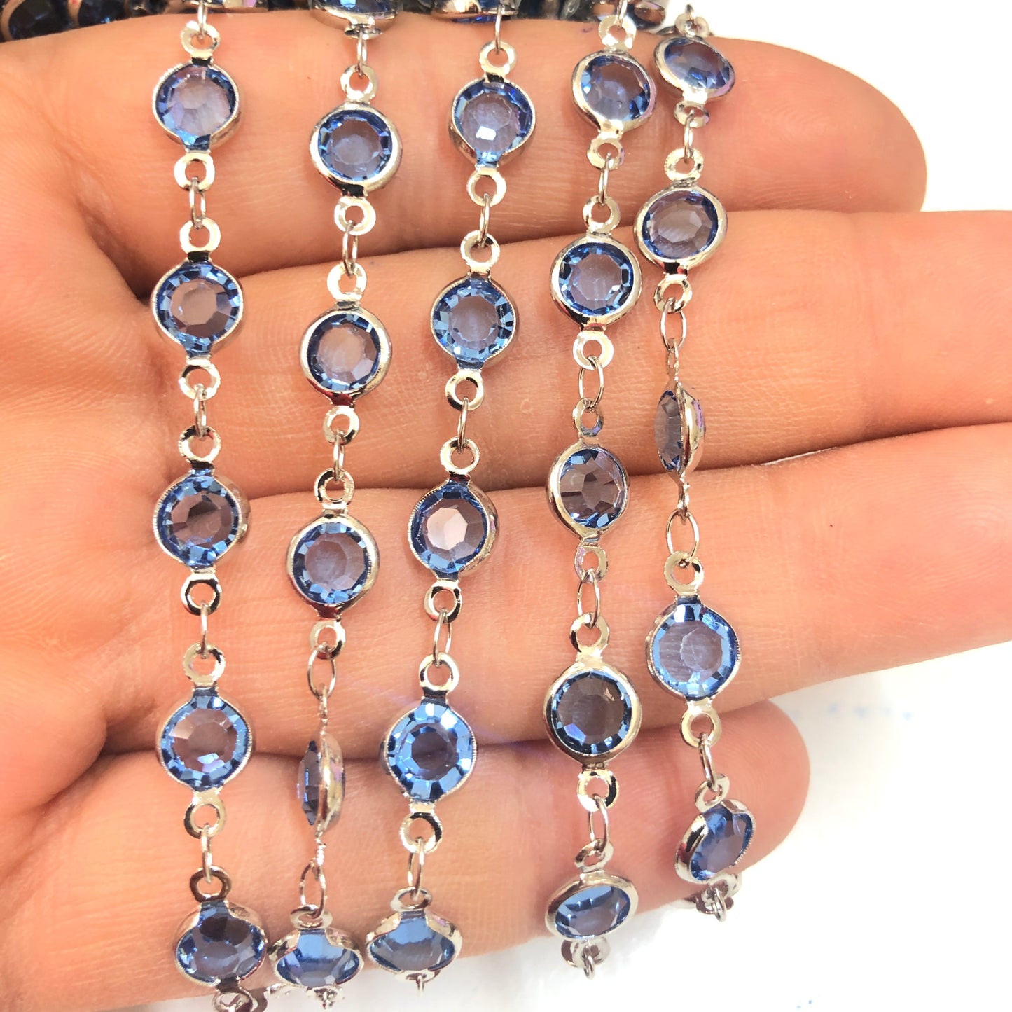 Rodyum Kaplama Yuvarlak Taşlı Zincir  -Mavi