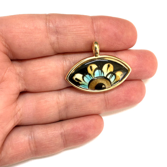 Large Gold Plated Framed Hand Painted Ceramic Eye Pendant-003