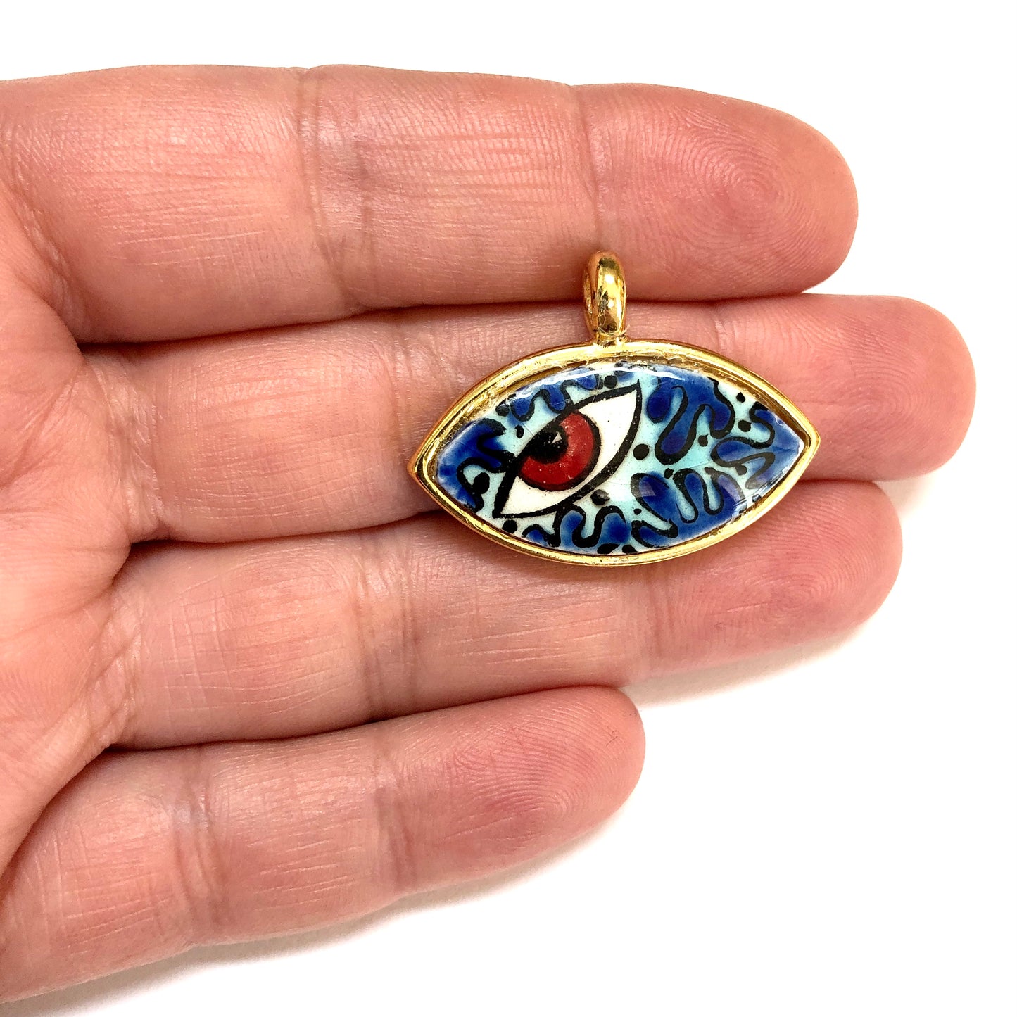 Large Gold Plated Framed Hand Painted Ceramic Eye Pendant-014