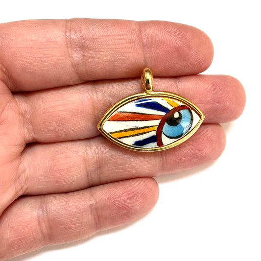 Large Gold Plated Framed Hand Painted Ceramic Eye Pendant-016
