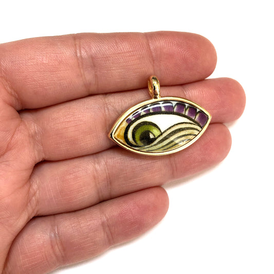 Large Gold Plated Framed Hand Painted Ceramic Eye Pendant-028