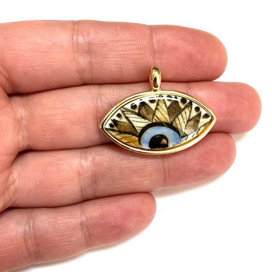 Gold Plated Framed Hand Painted Ceramic Eye Pendant-5