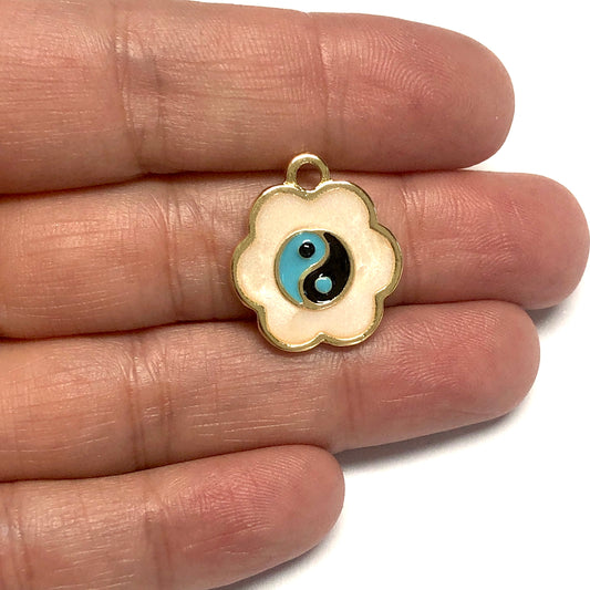Gold Plated Enamel Flower Yin Yang - Mother of Pearl