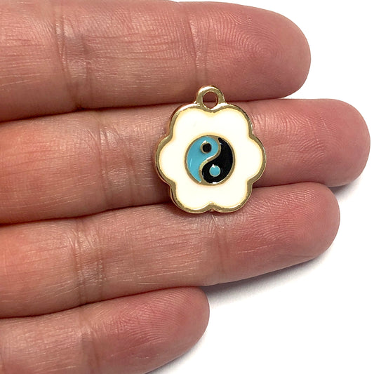 Gold Plated Enamel Flower Yin Yang - White