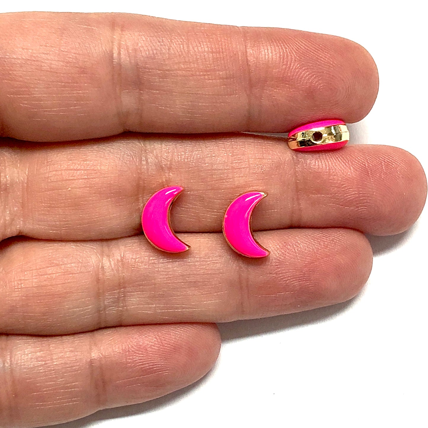 Gold Plated Double Sided Enamel Moon - Neon Pink