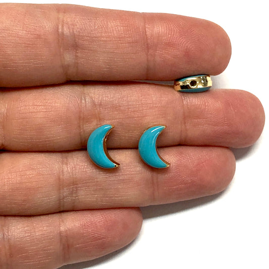 Gold Plated Double Sided Enamel Moon - Turquoise