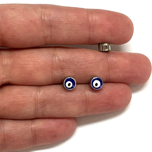Rhodium Plated Plastered Evil Eye Beads 6mm - Parlement Blue