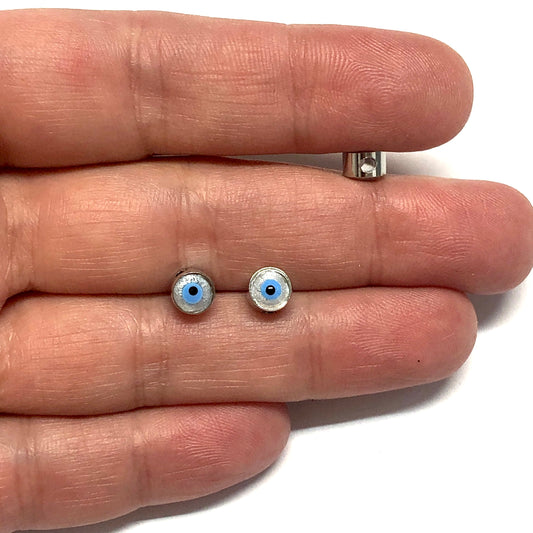 Rhodium Plated Plastered Evil Eye Beads 6mm - Pearlescent