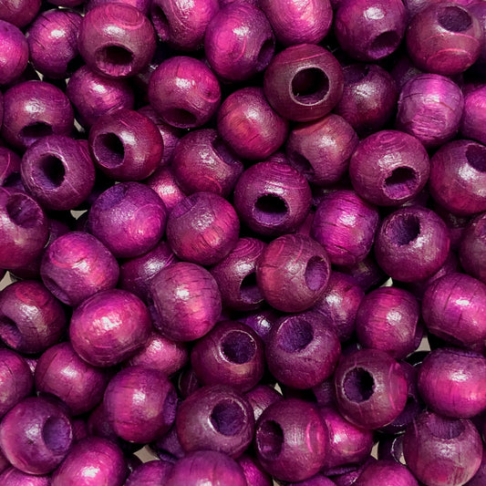 8mm Wide Hole Wooden Beads - 14 - Magenta