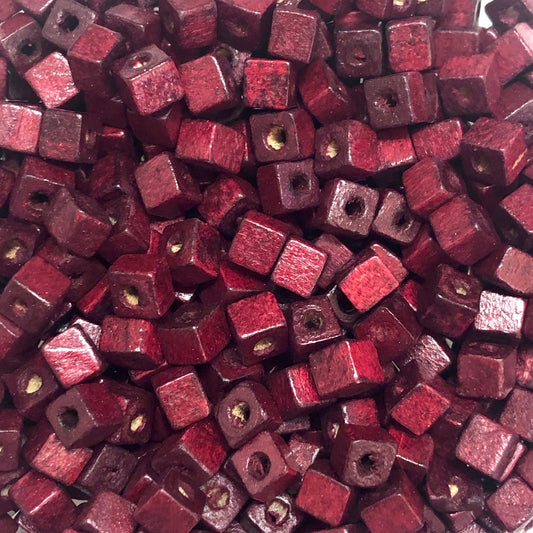 5x5mm Cube Wooden Bead 17 - Claret Red
