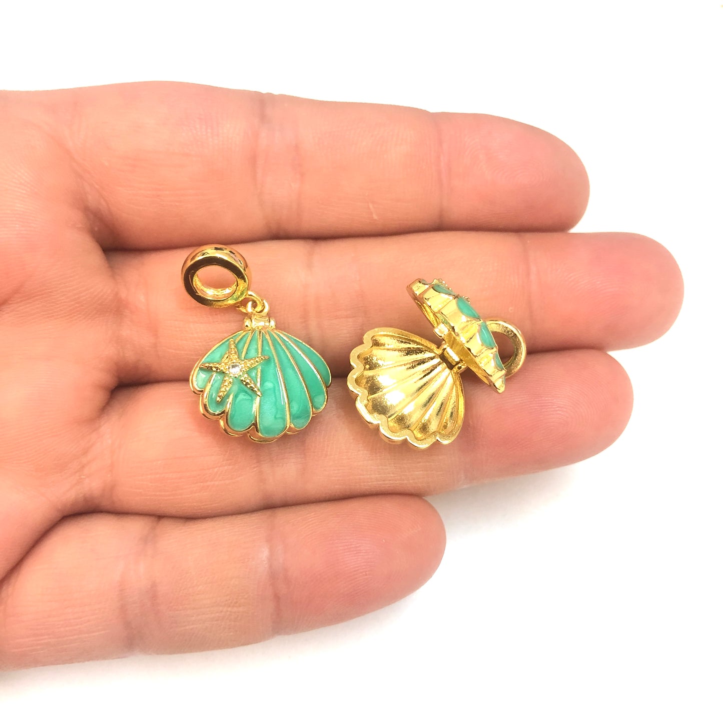 Altın  Kaplama Üç Boyutlu Zirkon Taşlı Mineli İstiridye Kolye Ucu-Turkuaz