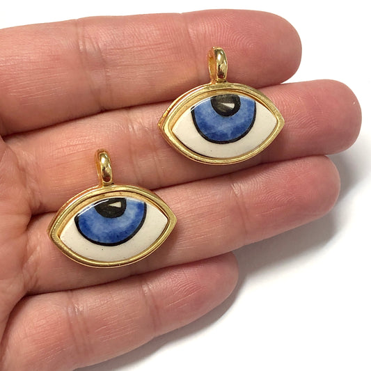 Gold Plated Framed Hand Painted Ceramic 25x24mm Eye Pendant-031