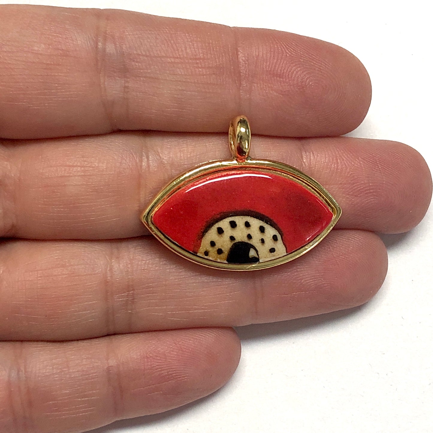 Large Gold Plated Framed Hand Painted Ceramic Eye Pendant-024