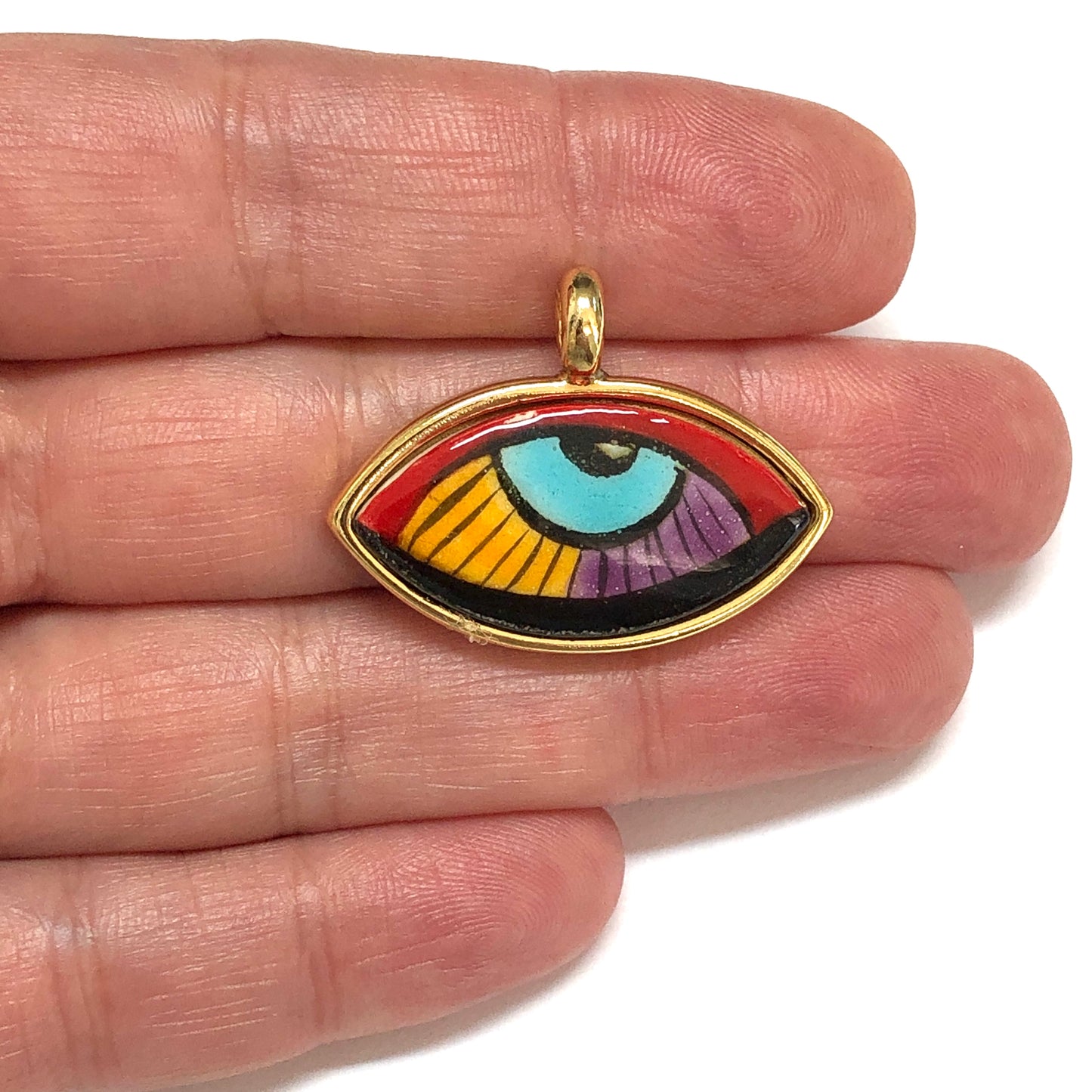 Large Gold Plated Framed Hand Painted Ceramic Eye Pendant-019