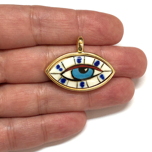 Large Gold Plated Framed Hand Painted Ceramic Eye Pendant-025