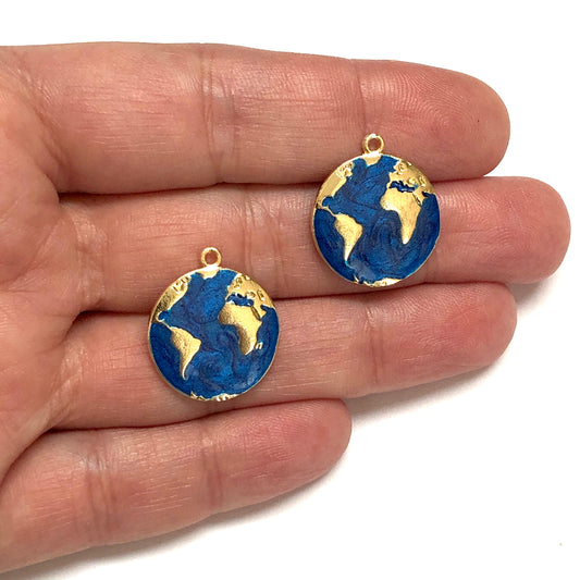 Gold Plated Enamel Earth Pendant - Navy Blue