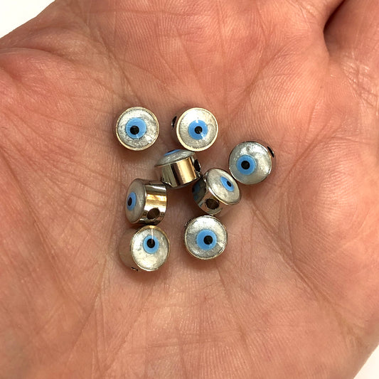 Rhodium Plated Plastered Evil Eye Beads 7mm - Red