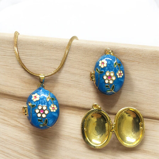 Altın Kaplama Mineli Açılabilir Kolye Ucu Oval -Mavi Papatya