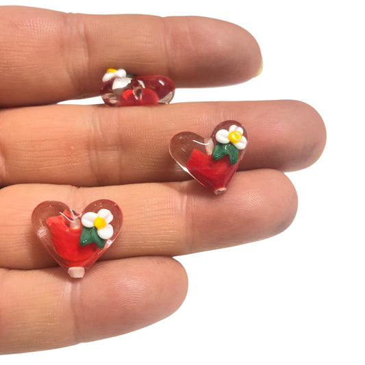 Murano Cam Çiçekli Kalp Kırmızı (Dik Delikli)