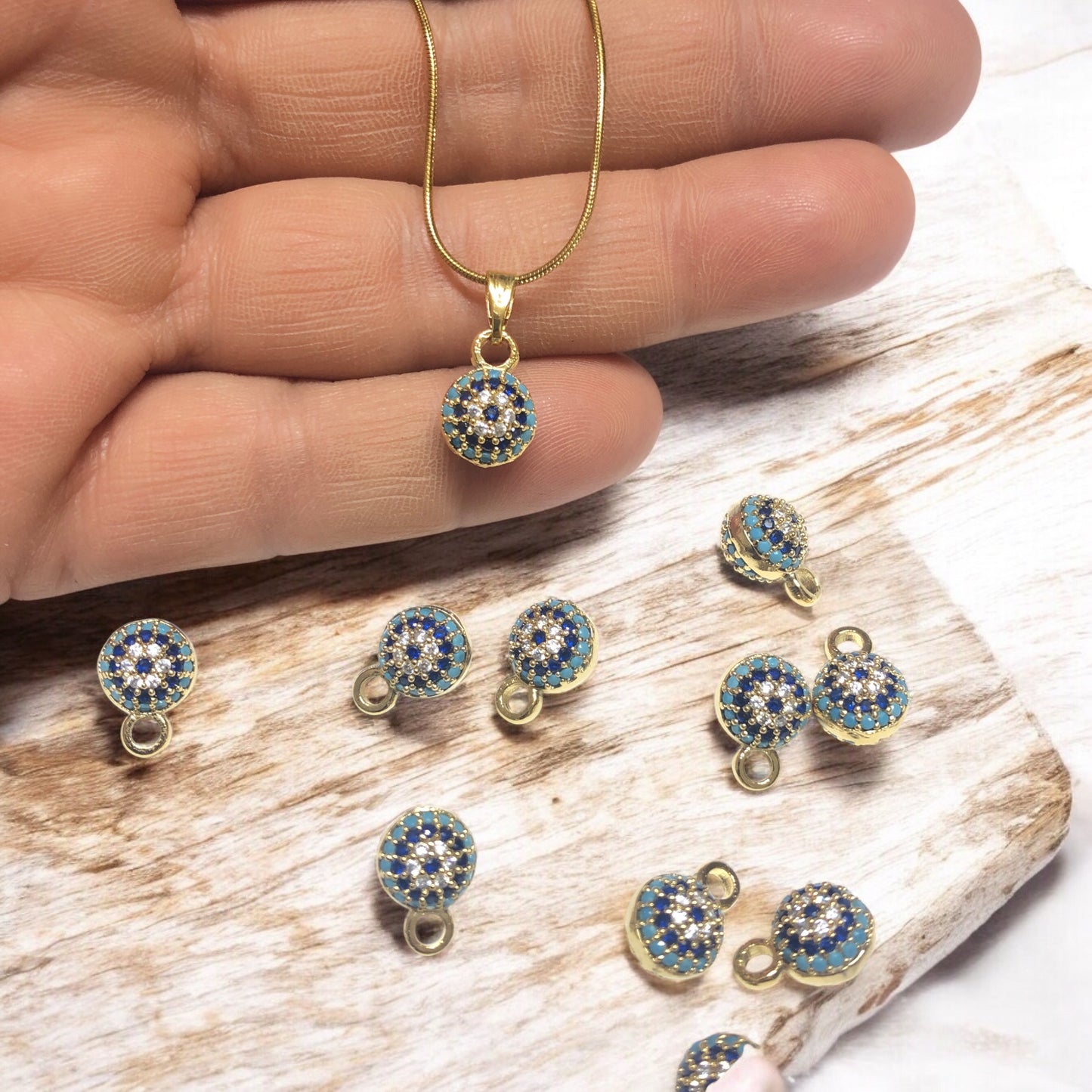 Altın Kaplama Çift Taraflı  Renkli Zirkon Taşlı Nazar Boncuğu