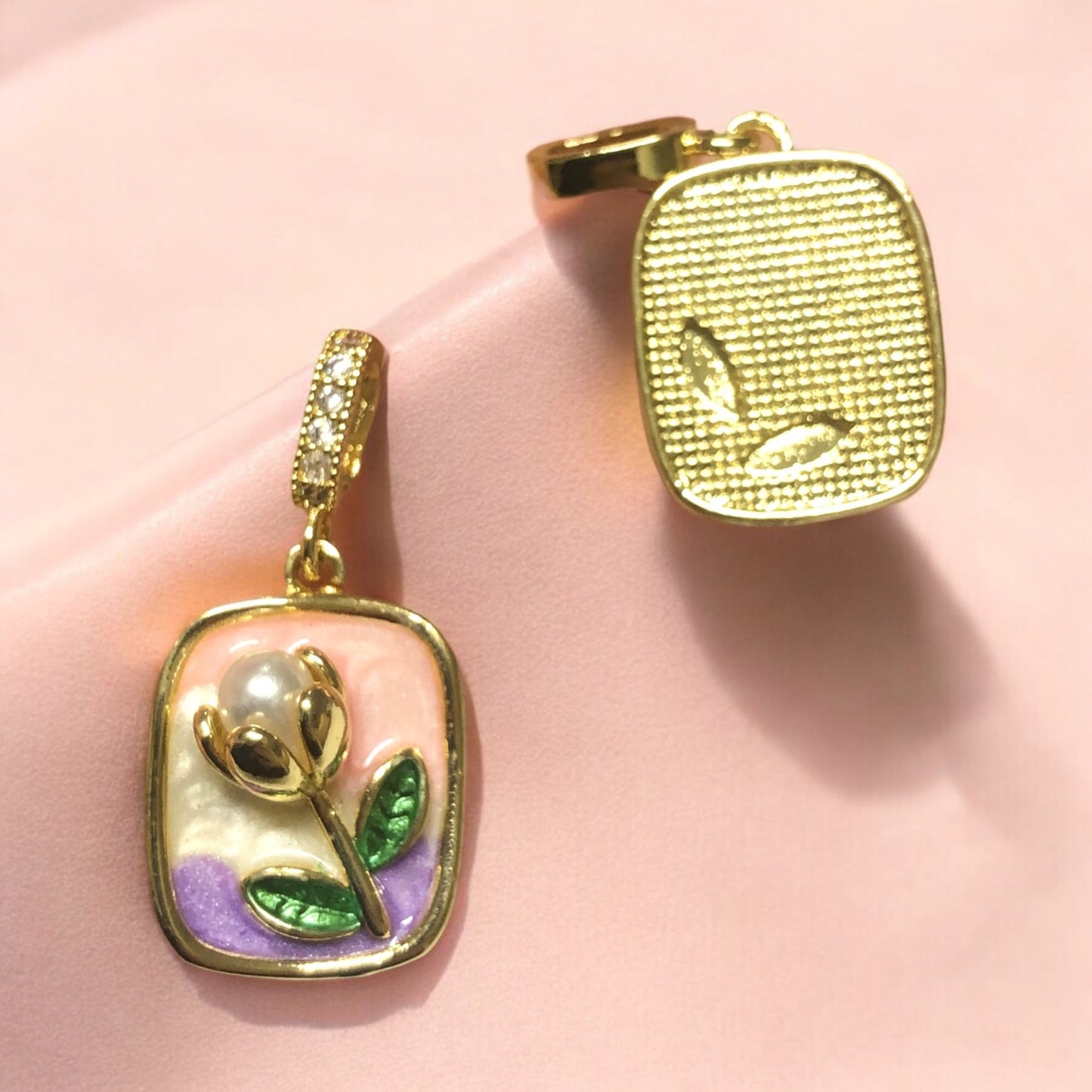 Altın Kaplama Zirkon Taşlı Mineli  İncili Lale Dikdörtgen