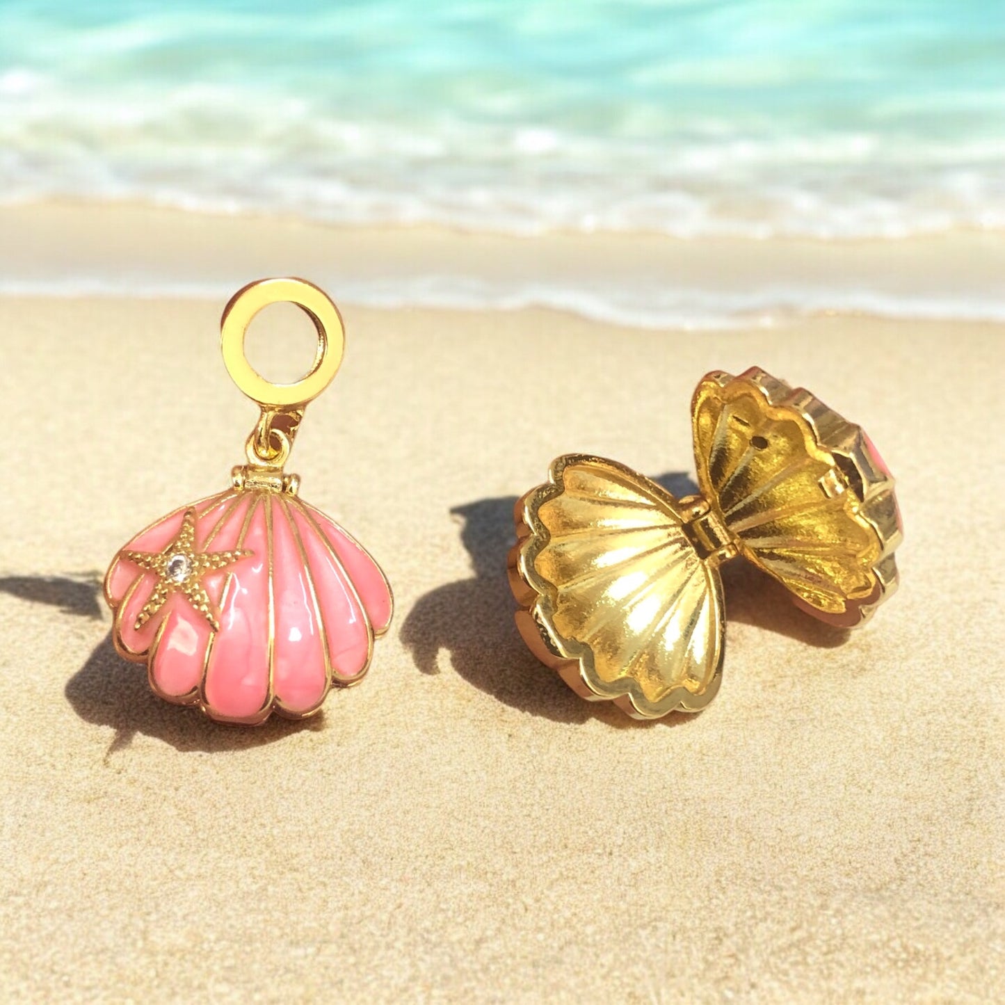 Altın  Kaplama Üç Boyutlu Zirkon Taşlı Mineli İstiridye Kolye Ucu-Somon