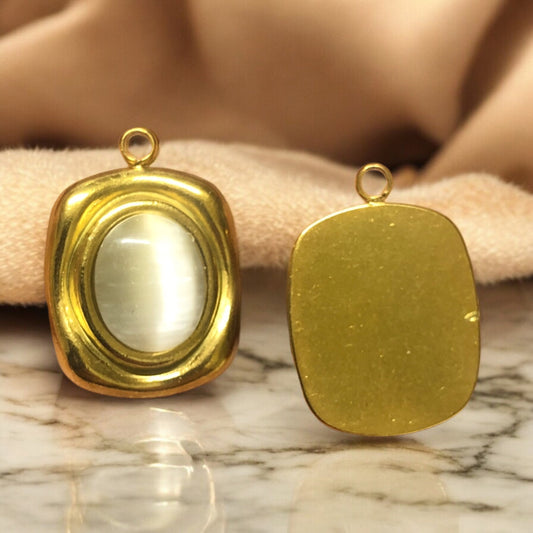 Sarı Çelik -Kedigözü Taşlı Dikdörtgen Kolye Ucu