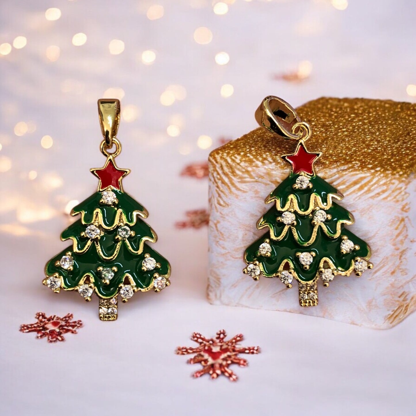 Altın Kaplama Mineli Zirkon Taşlı Mineli Yeni Yıl Aparat - Çam Ağacı Yeşil
