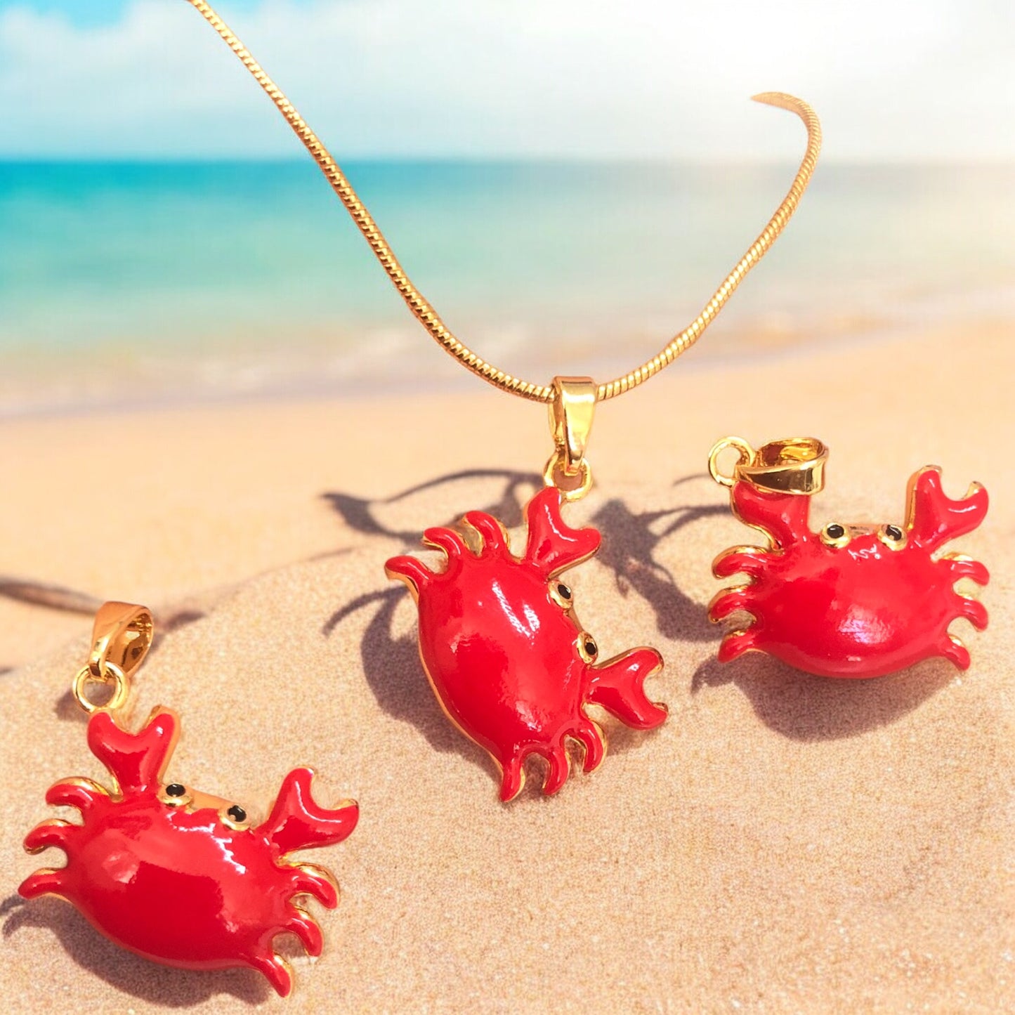 Altın  Kaplama  Mineli Yengeç  Kolye Ucu -Kırmızı