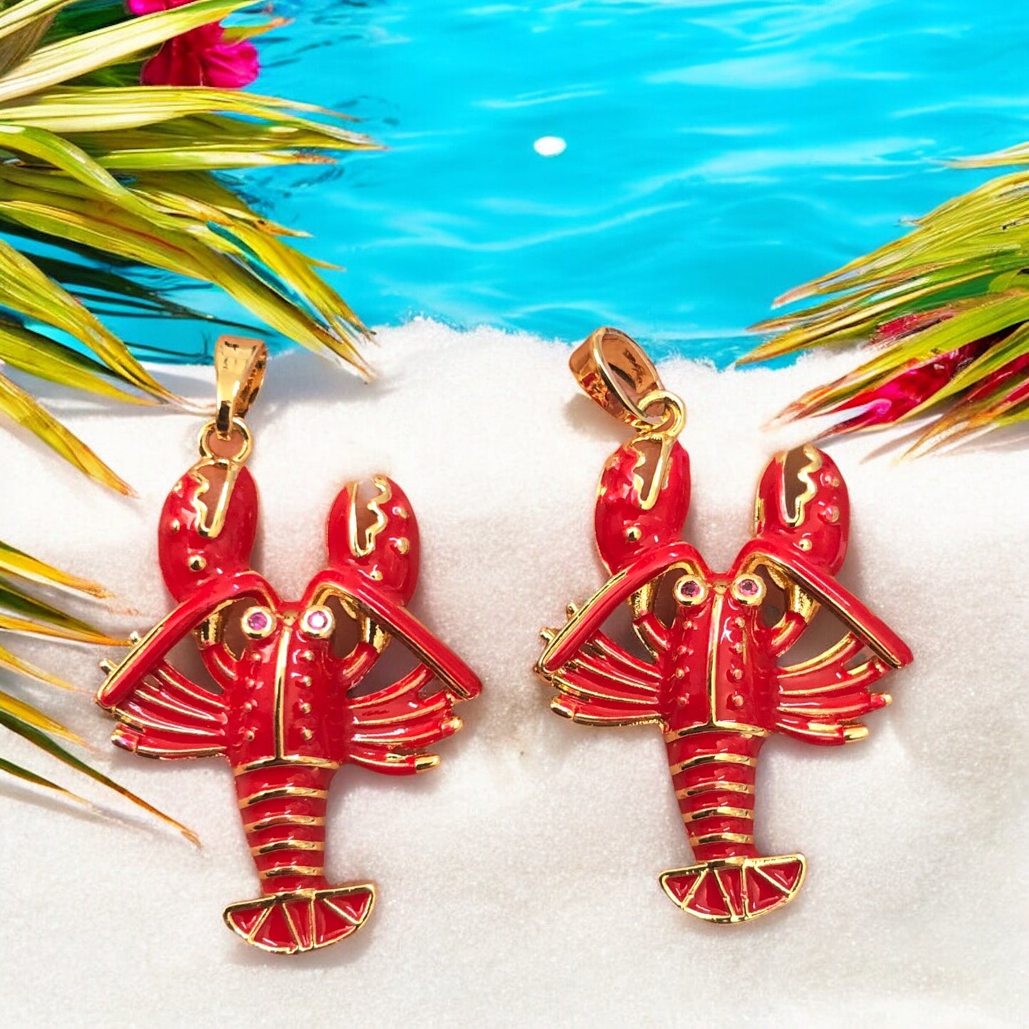 Altın  Kaplama  Mineli Istakoz Kolye Ucu -Kırmızı -2