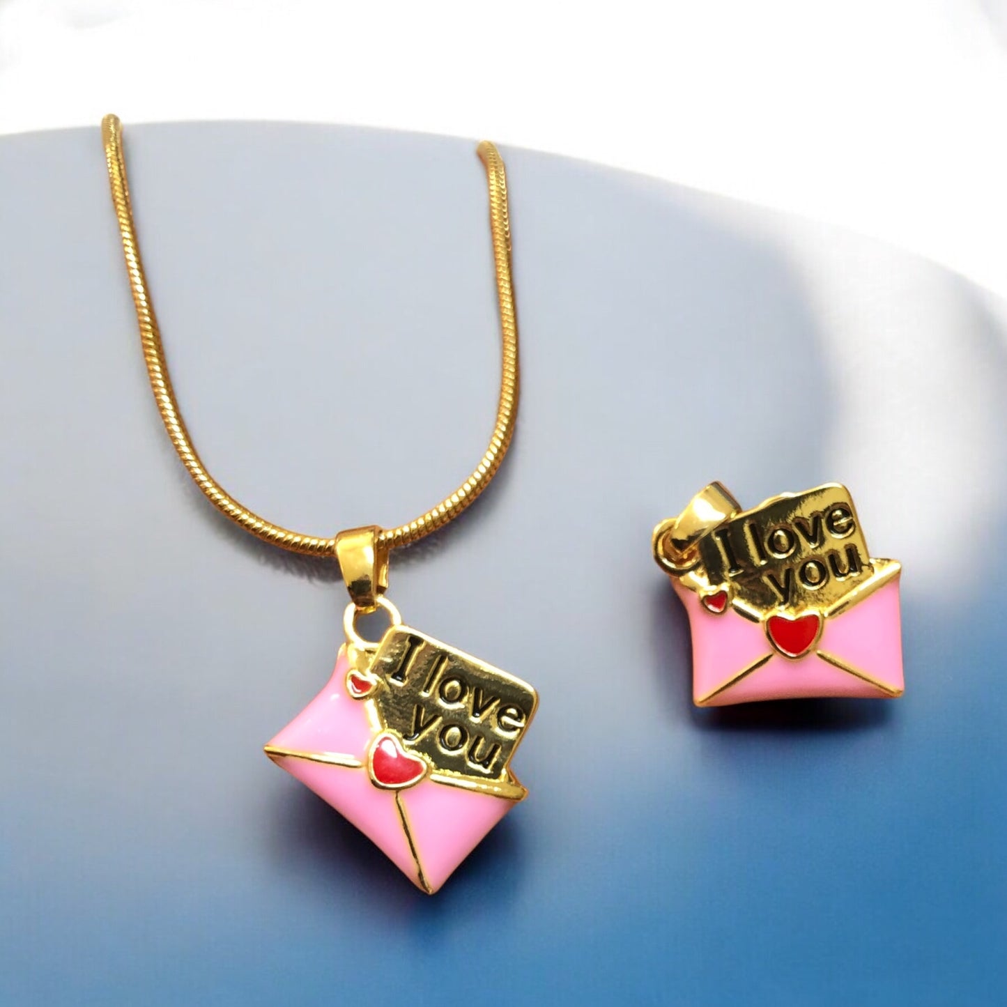 Altın Kaplama Mineli ''I Love You'' Kolye ucu- Pembe