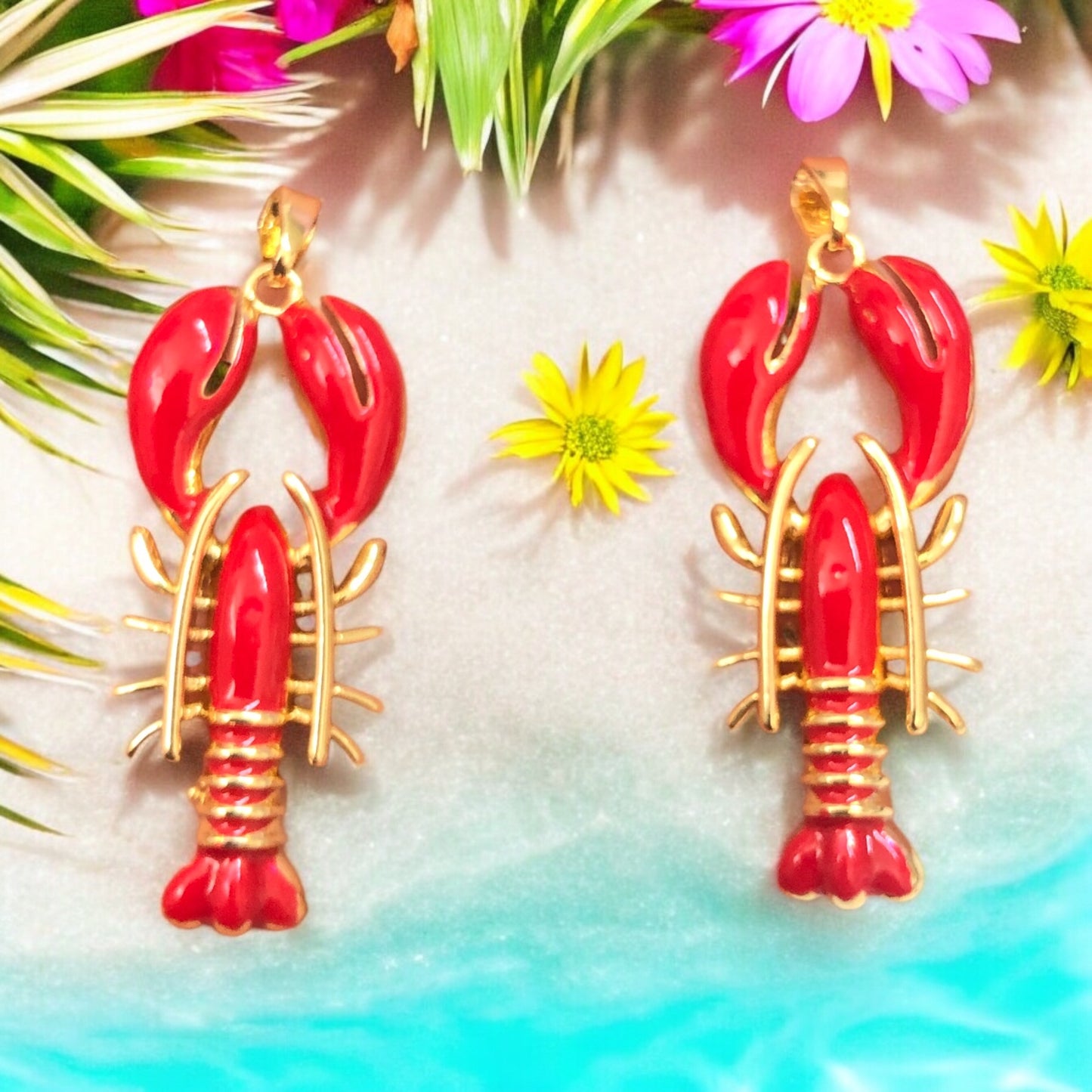 Altın  Kaplama  Mineli Istakoz Kolye Ucu -Kırmızı -3