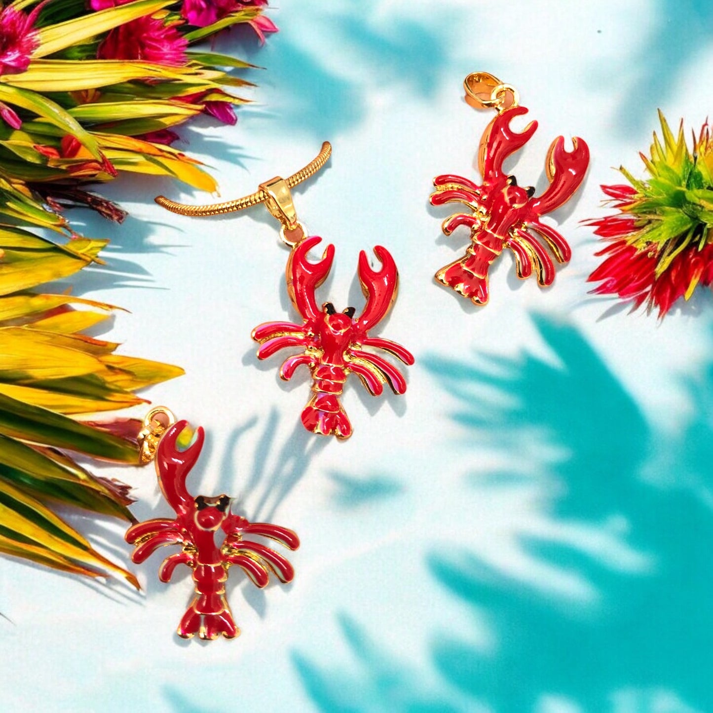 Altın  Kaplama  Mineli Istakoz Kolye Ucu -Kırmızı