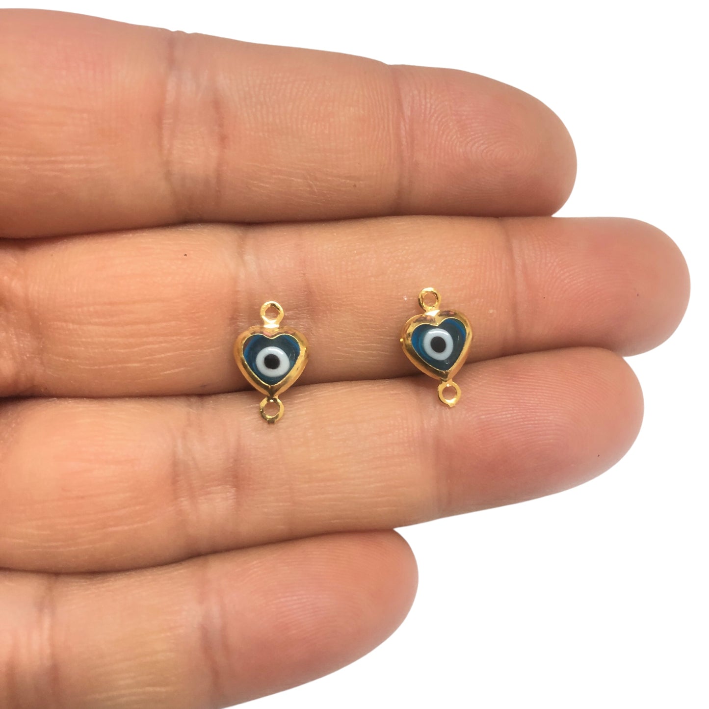 Altın Kaplama Kalp Beyaz Nazar Bileklik Aparatı  Dik Delik - Mavi