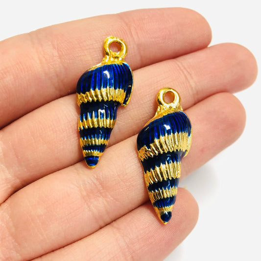 Gold Plated Brass Enameled Mussel Pendant - Navy Blue